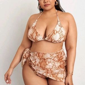NEW shein | vacation mesh skirt 3pc sexy bikini orange tan snakeskin swimsuit